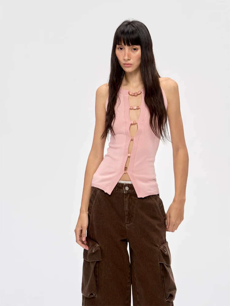 Sleeveless Knit Top with Front Bead Detail - Image 2