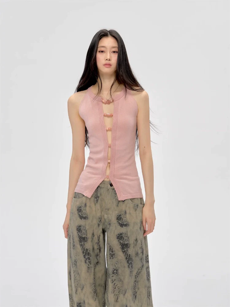 Sleeveless Knit Top with Front Bead Detail - Image 3