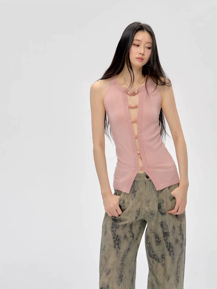 Sleeveless Knit Top with Front Bead Detail - Image 4