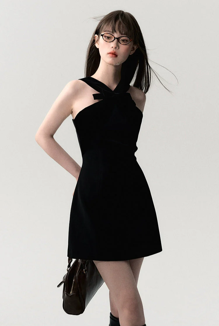 Sleeveless Mini Dress with Velvet Crisscross Neckline and Bow Detail - Image 2