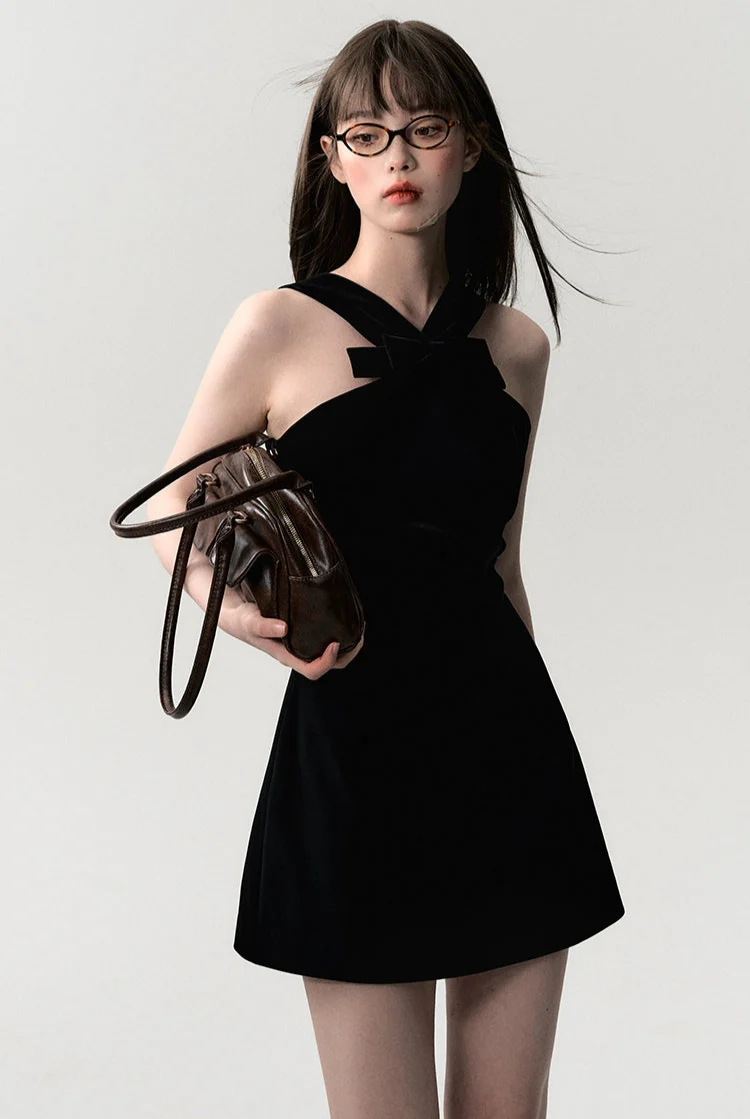 Sleeveless Mini Dress with Velvet Crisscross Neckline and Bow Detail - Image 3