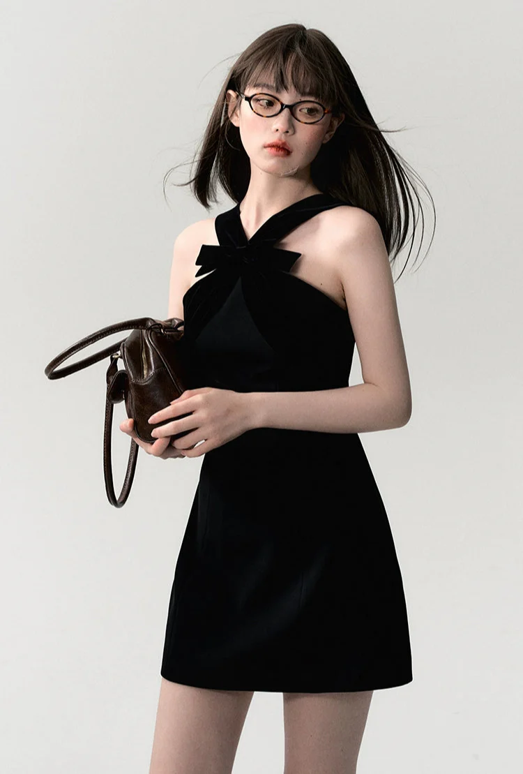 Sleeveless Mini Dress with Velvet Crisscross Neckline and Bow Detail - Image 4