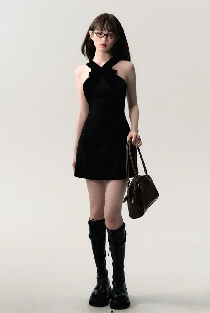 Sleeveless Mini Dress with Velvet Crisscross Neckline and Bow Detail - Image 6