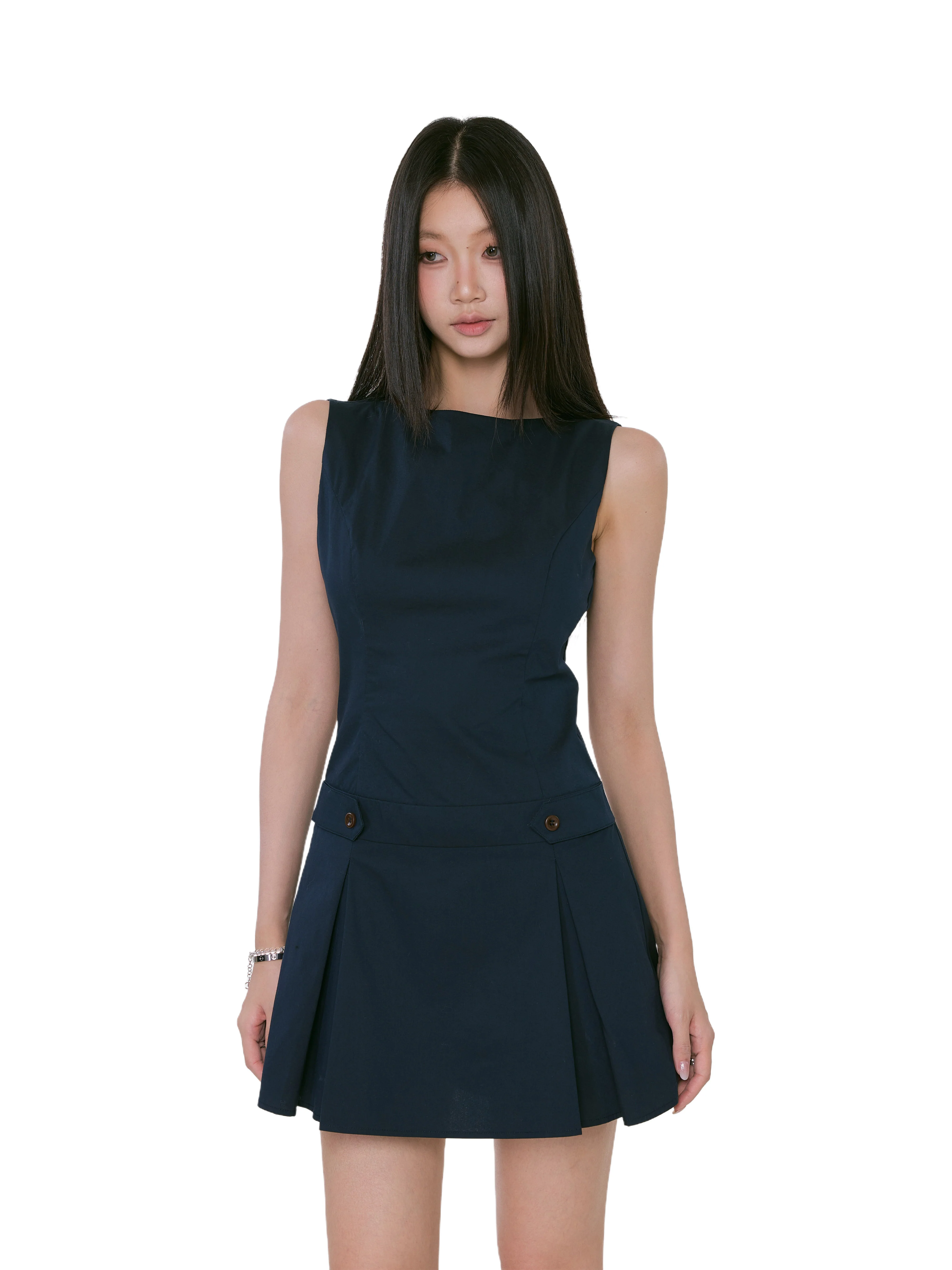 Sleeveless Pleated Mini Dress with Button Detail - Image 2