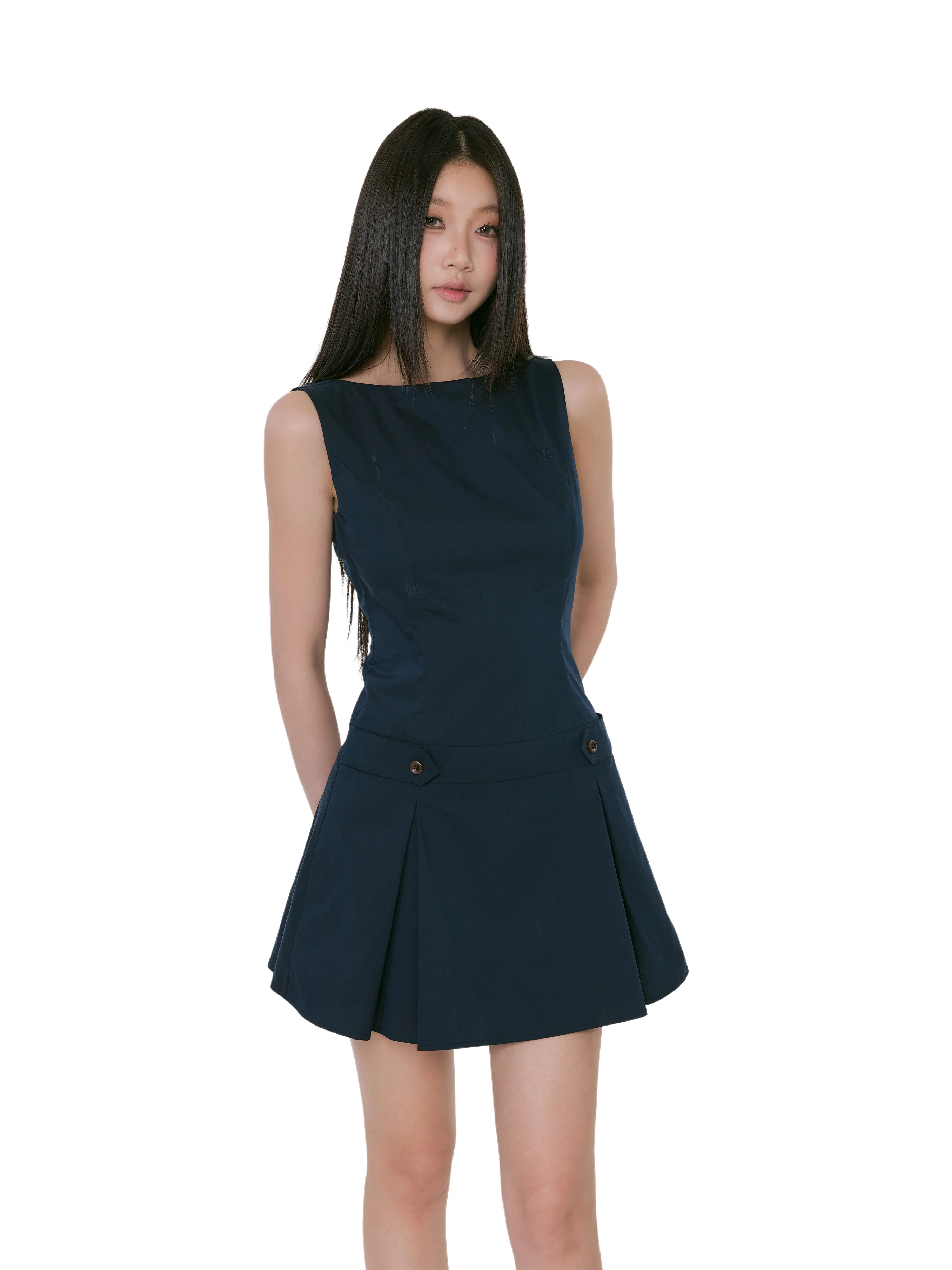 Sleeveless Pleated Mini Dress with Button Detail - Image 4