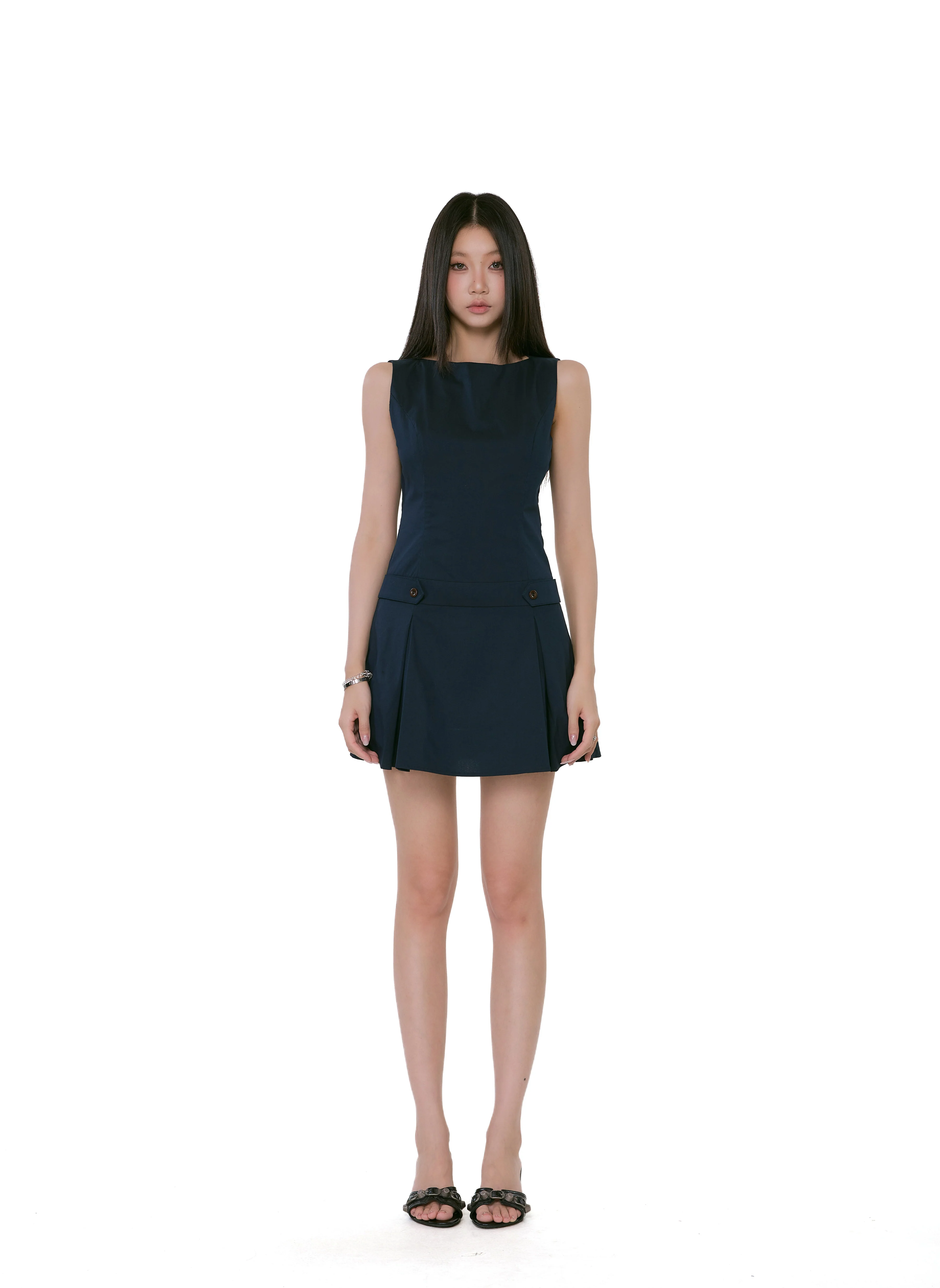 Sleeveless Pleated Mini Dress with Button Detail - Image 5