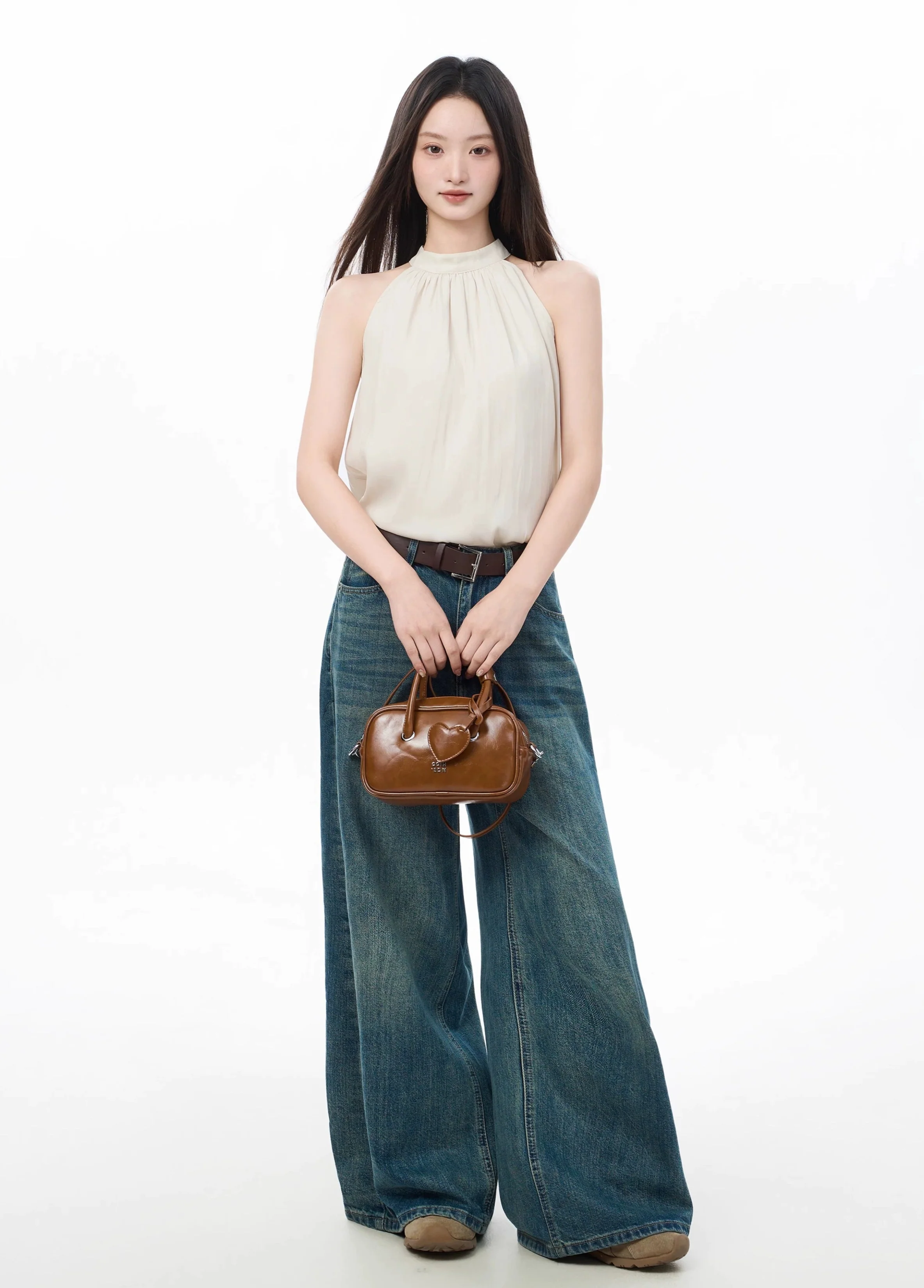 Sleeveless Pleated Mock Neck Halter Blouse - Image 5