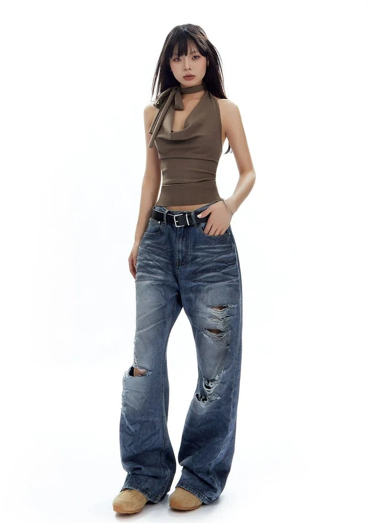 Sleeveless Ribbed Scarf-Detail Crossover Halterneck Top - Image 8