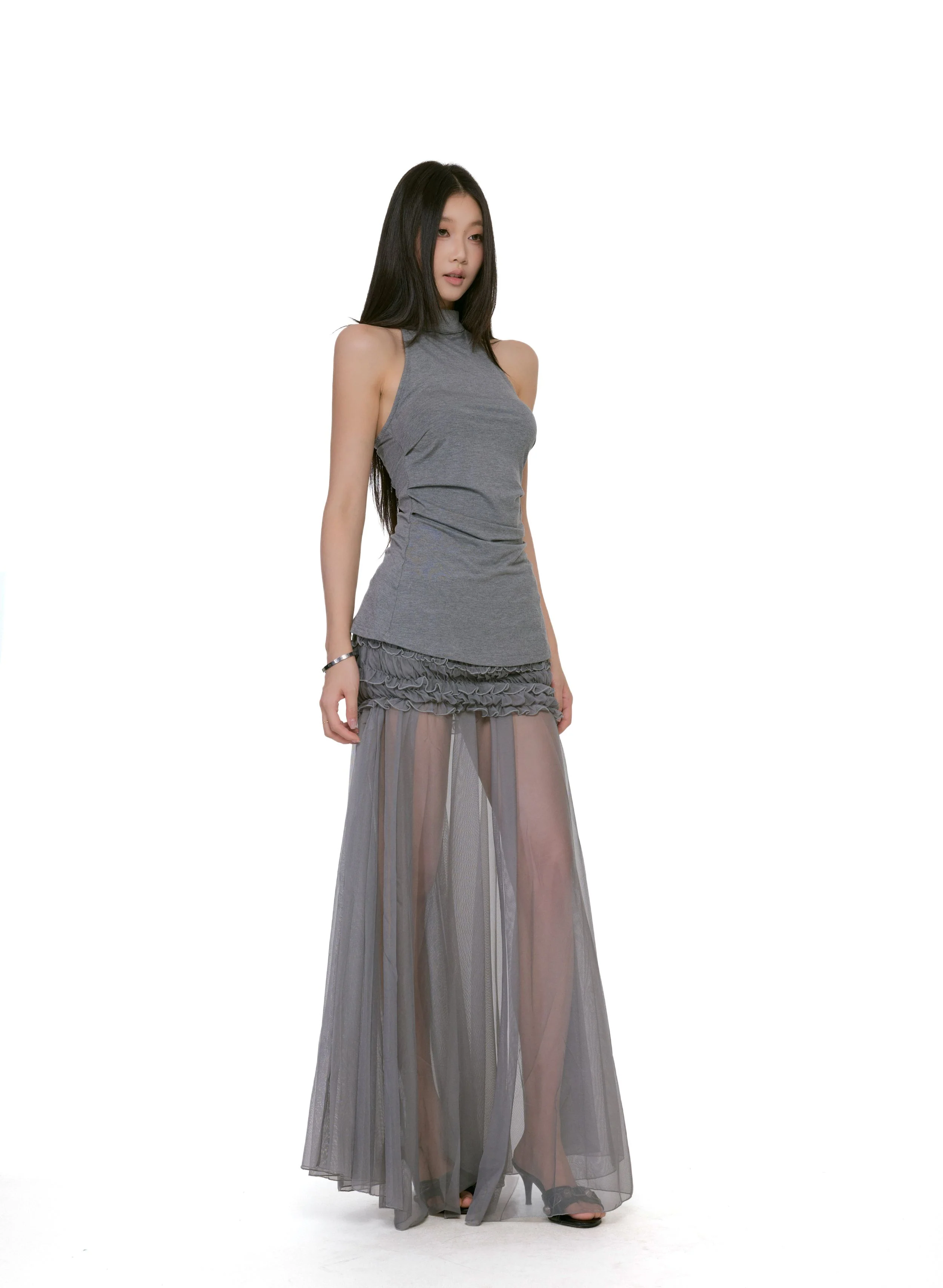 Ruched Waist Sheer Mesh Maxi Skirt - Image 3