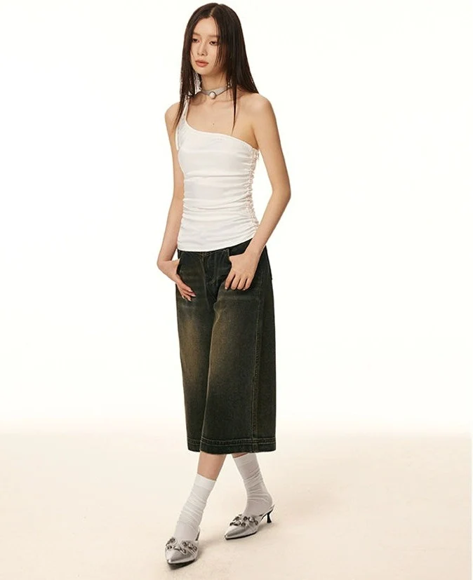 Sleeveless Ruched Satin One-Shoulder Tank Top - Image 9