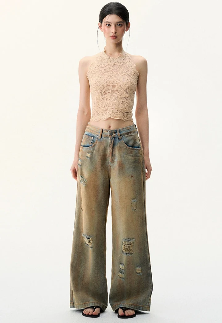Sleeveless Sheer Lace Halter Neck Scallop Trim Top - Image 10