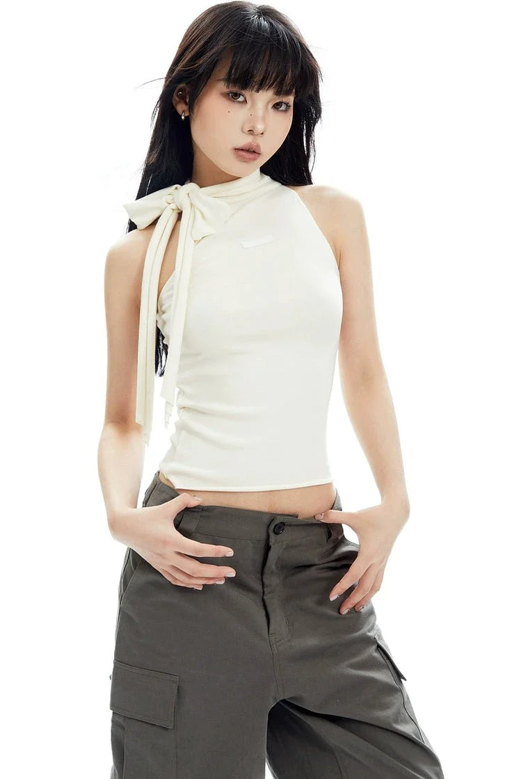 Sleeveless Turtleneck Top with Side Bow Scarf Detail - Image 2
