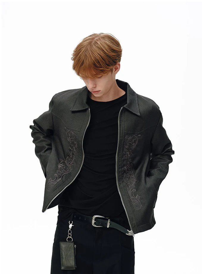 Slim Collared Embroidered Zip-Up Jacket - Image 2