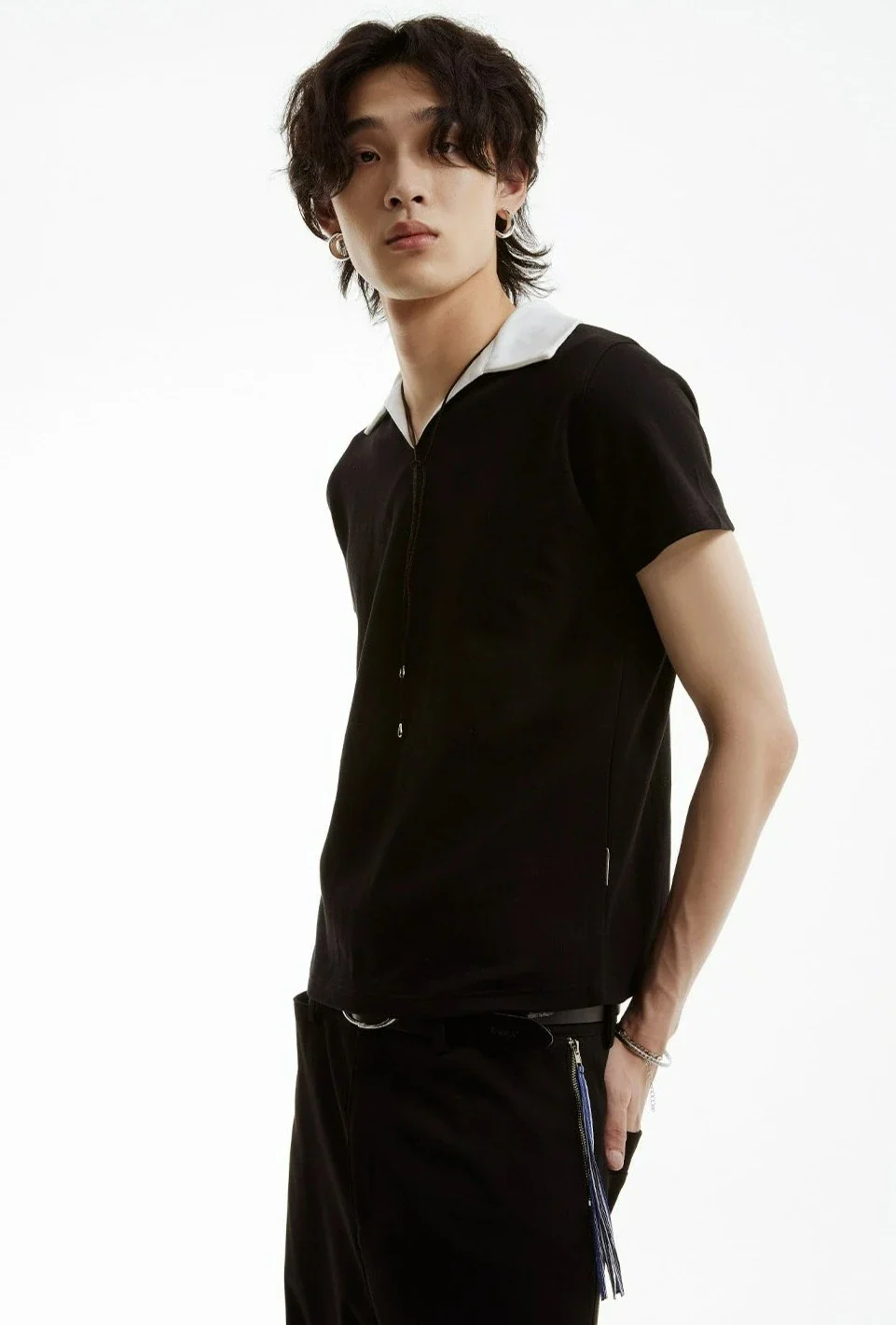 Slim Contrast Collar Zippered Polo Shirt - Image 3