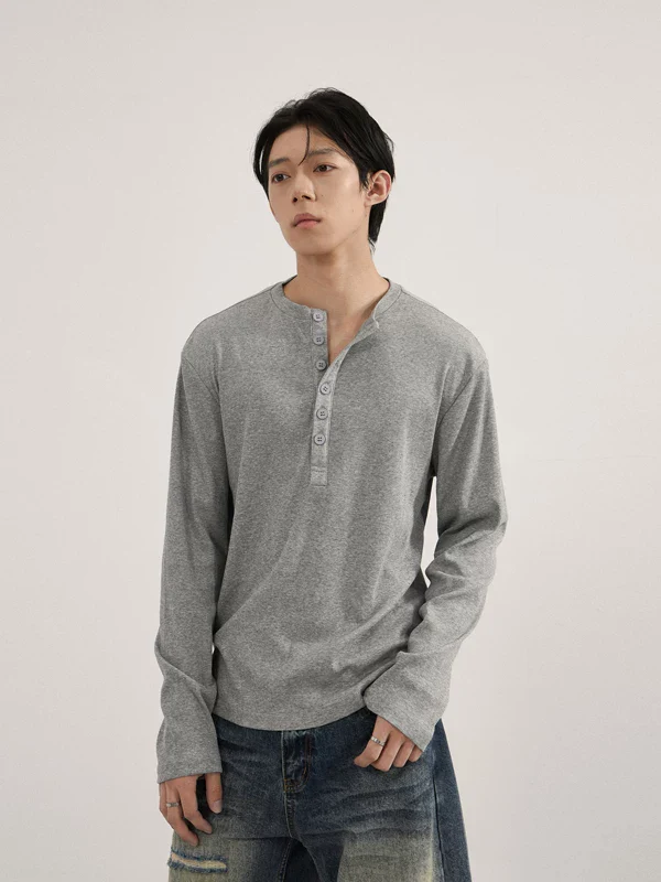 Slim Fit Mid-Crop Long Sleeve Henley T-Shirt - Image 2