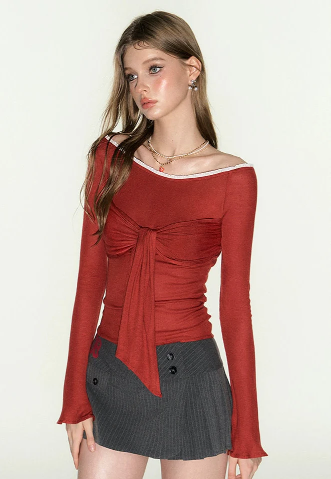 Slim Off Shoulder Ruched Top with Front Knot Tie - Image 4