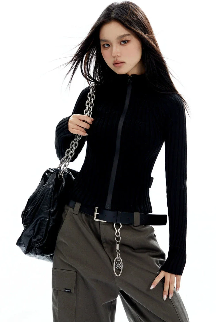 Slim Ribbed Mock Neck Zip-Up Cardigan - Image 4
