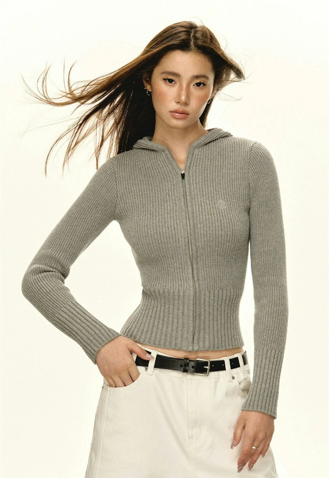 Slim Ribbed Zip-Up Hooded Sweater - Image 9