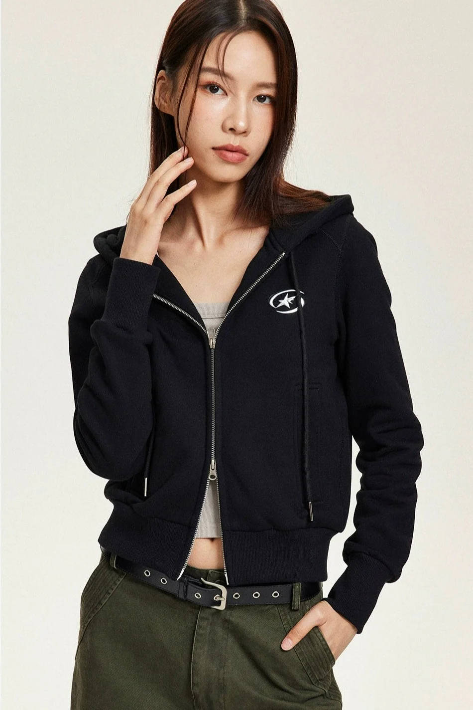 Slim Zip-Up Hoodie Sweatshirt with Metallic Star Badge - Image 2