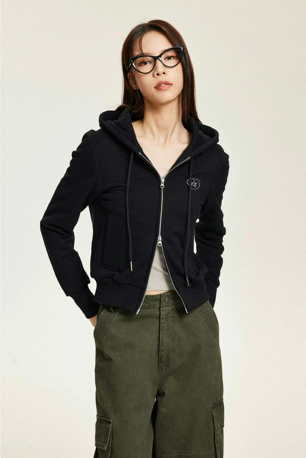 Slim Zip-Up Hoodie Sweatshirt with Metallic Star Badge - Image 3