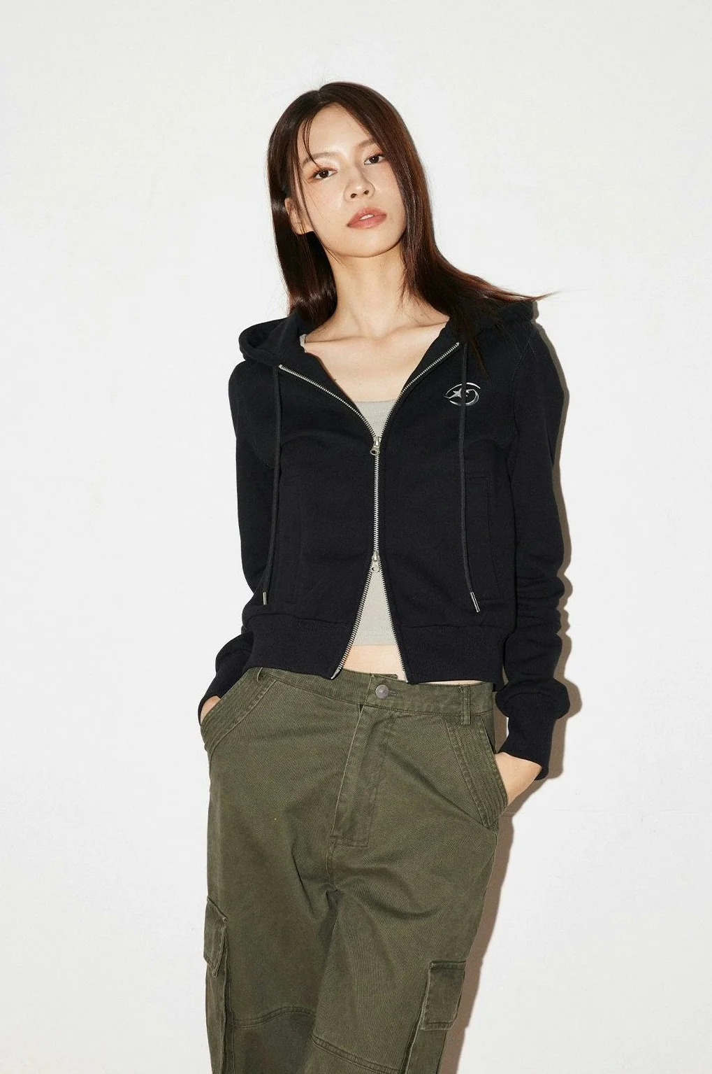 Slim Zip-Up Hoodie Sweatshirt with Metallic Star Badge - Image 5