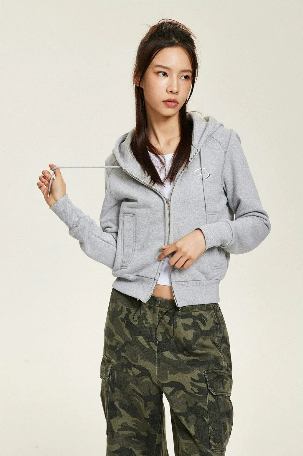 Slim Zip-Up Hoodie Sweatshirt with Metallic Star Badge - Image 6