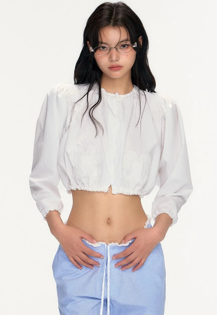 Smocked Hem Long Puff Sleeve Crop Top - Image 2
