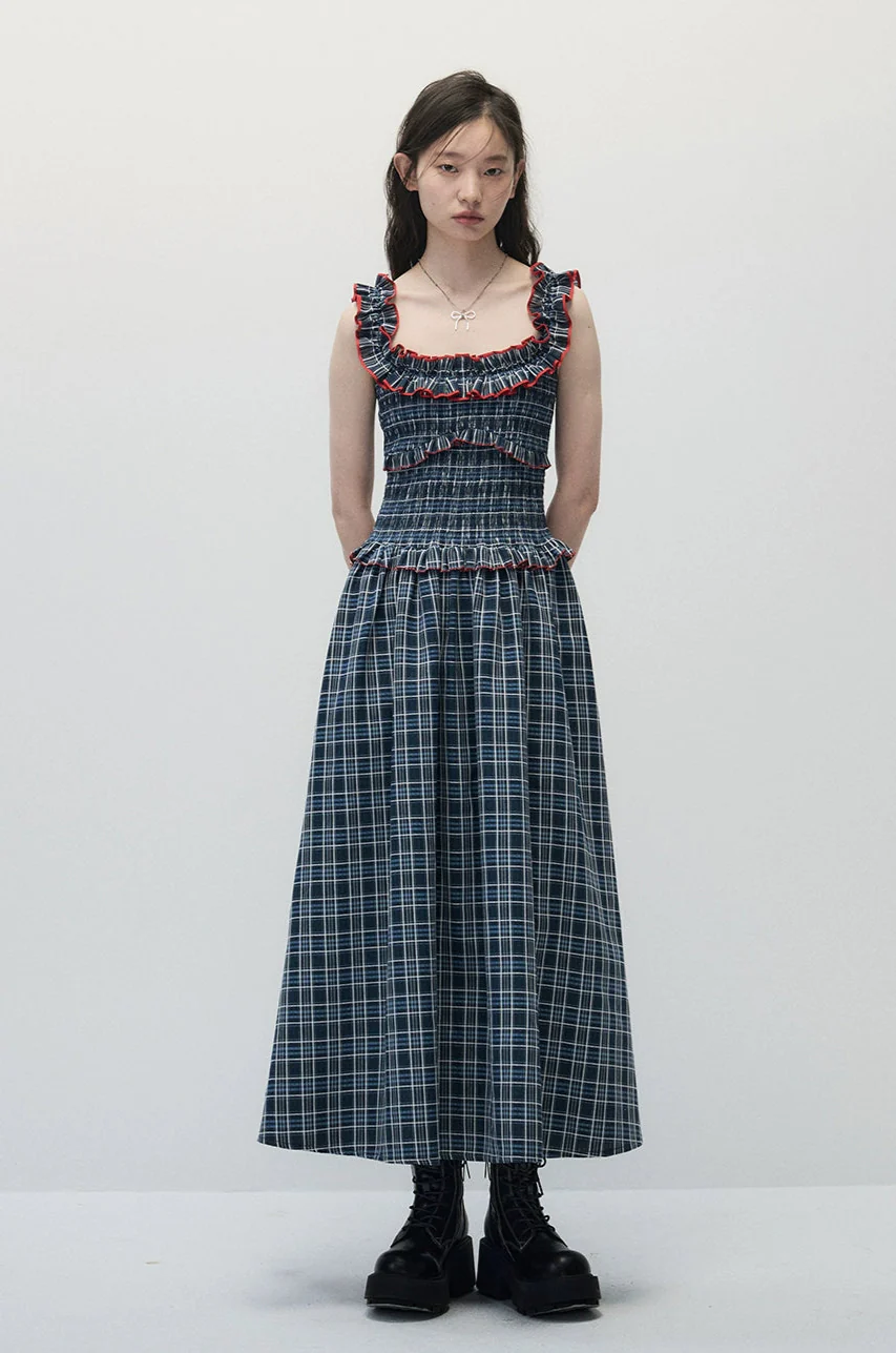 Smocked Plaid Maxi Dress with Ruffle Trim - Image 2