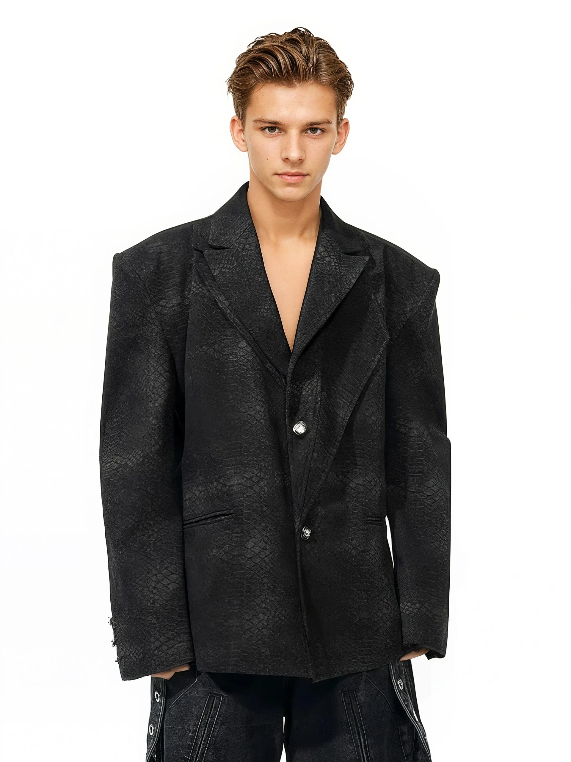 Snake Skin Pattern Textured Oversized Double-Breasted Blazer