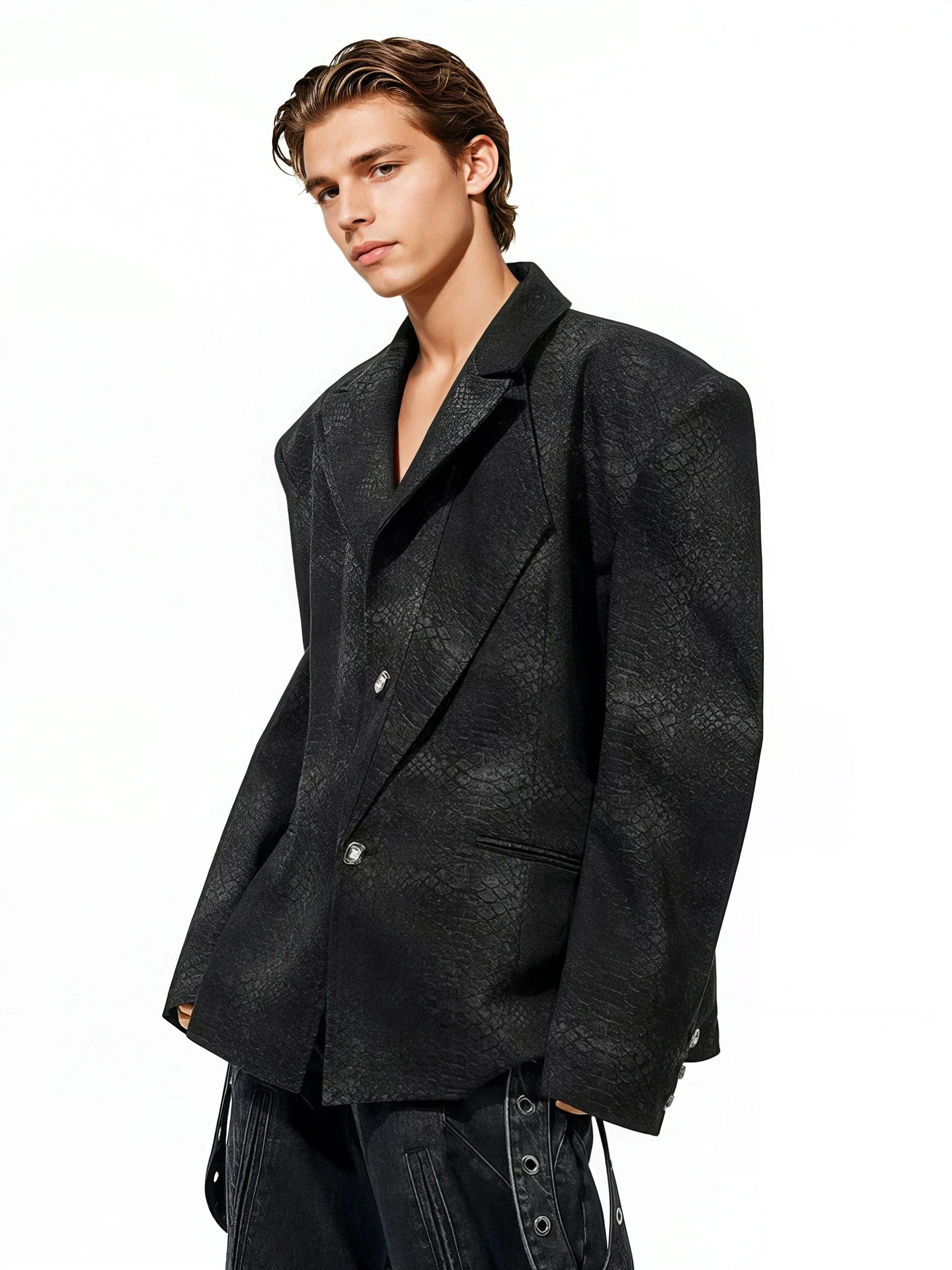 Snake Skin Pattern Textured Oversized Double-Breasted Blazer - Image 2