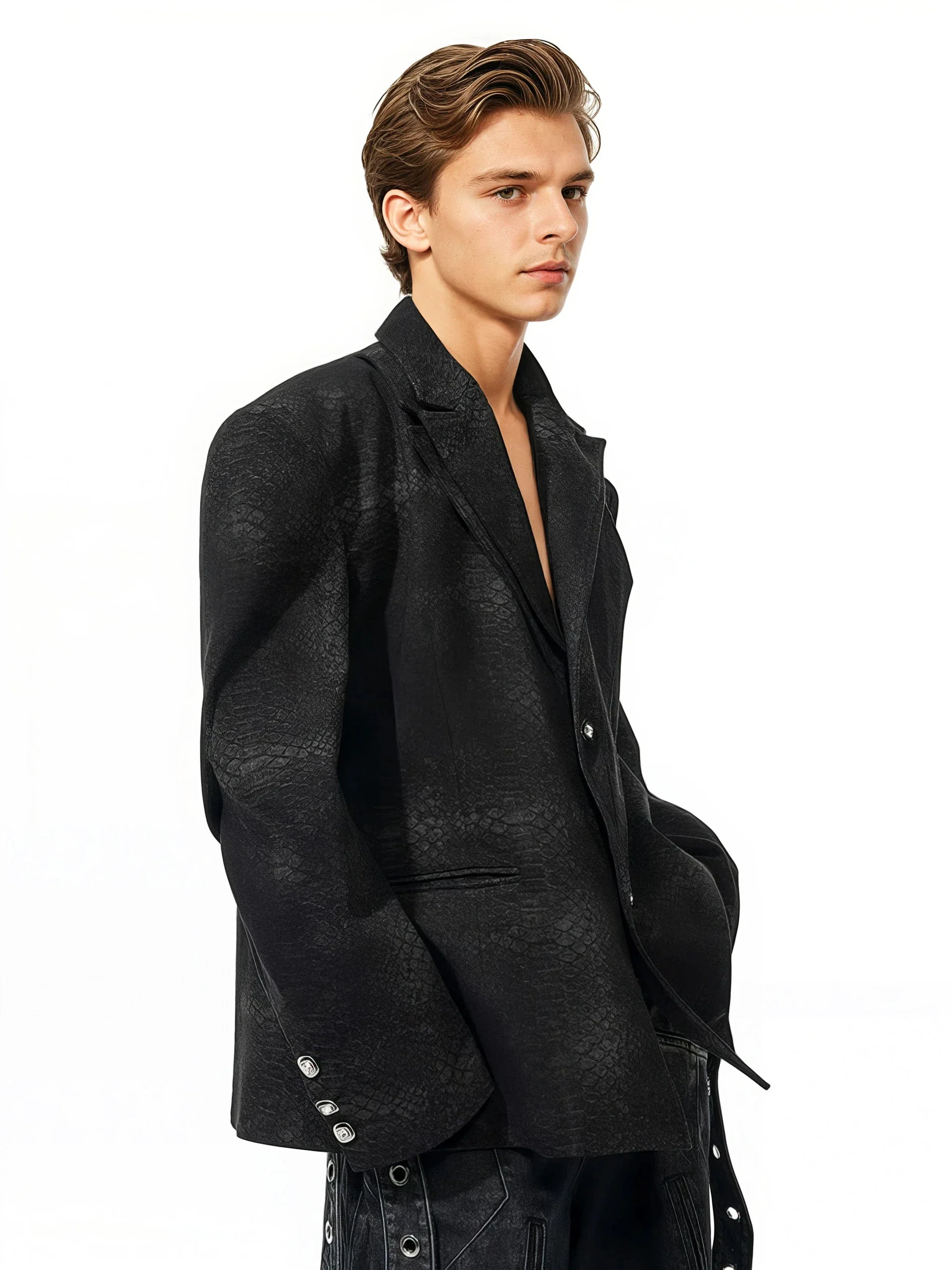 Snake Skin Pattern Textured Oversized Double-Breasted Blazer - Image 3