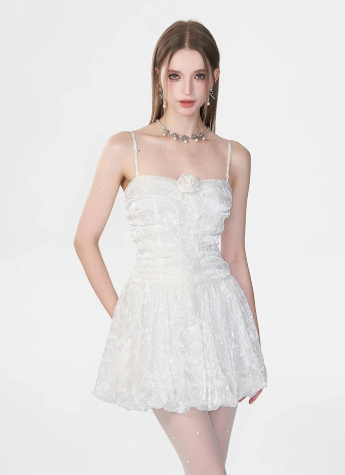 Spaghetti Strap Ruched Floral Lace Mini Dress - Image 2