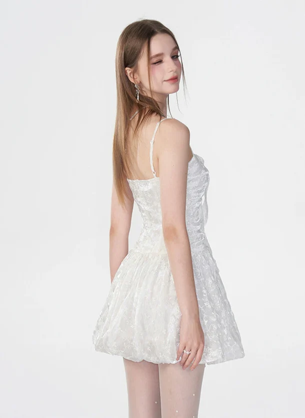 Spaghetti Strap Ruched Floral Lace Mini Dress - Image 3