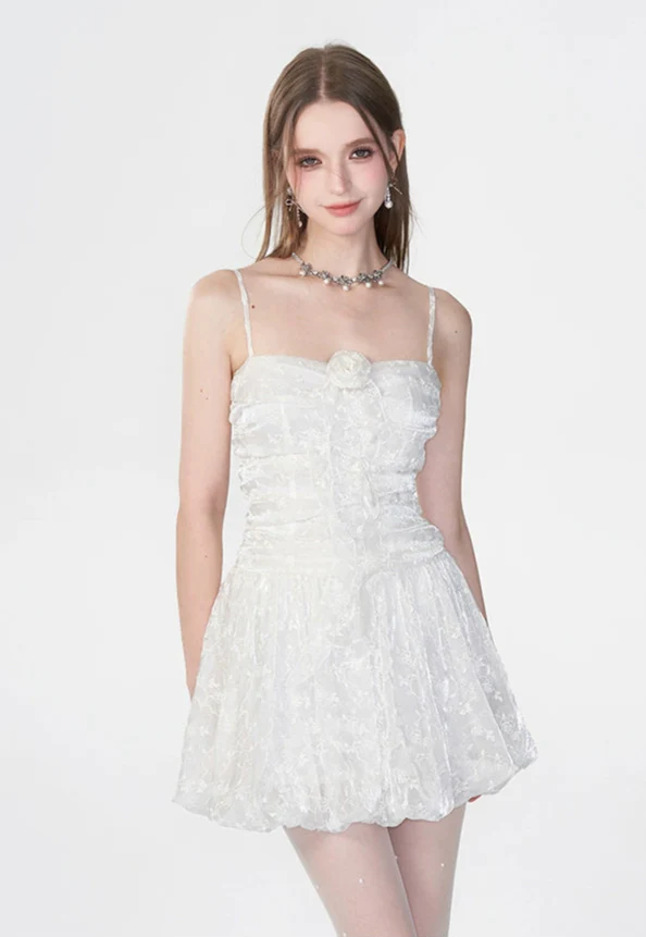 Spaghetti Strap Ruched Floral Lace Mini Dress - Image 4