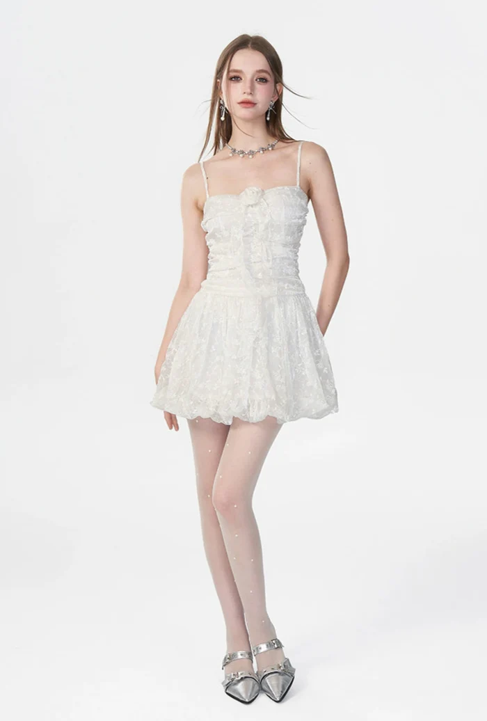 Spaghetti Strap Ruched Floral Lace Mini Dress - Image 5