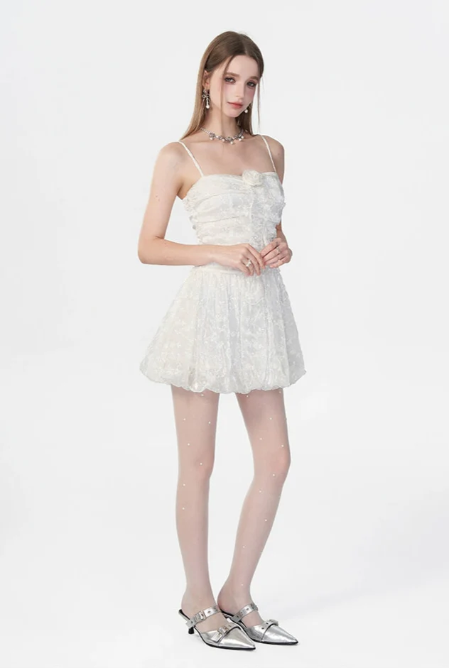 Spaghetti Strap Ruched Floral Lace Mini Dress - Image 6