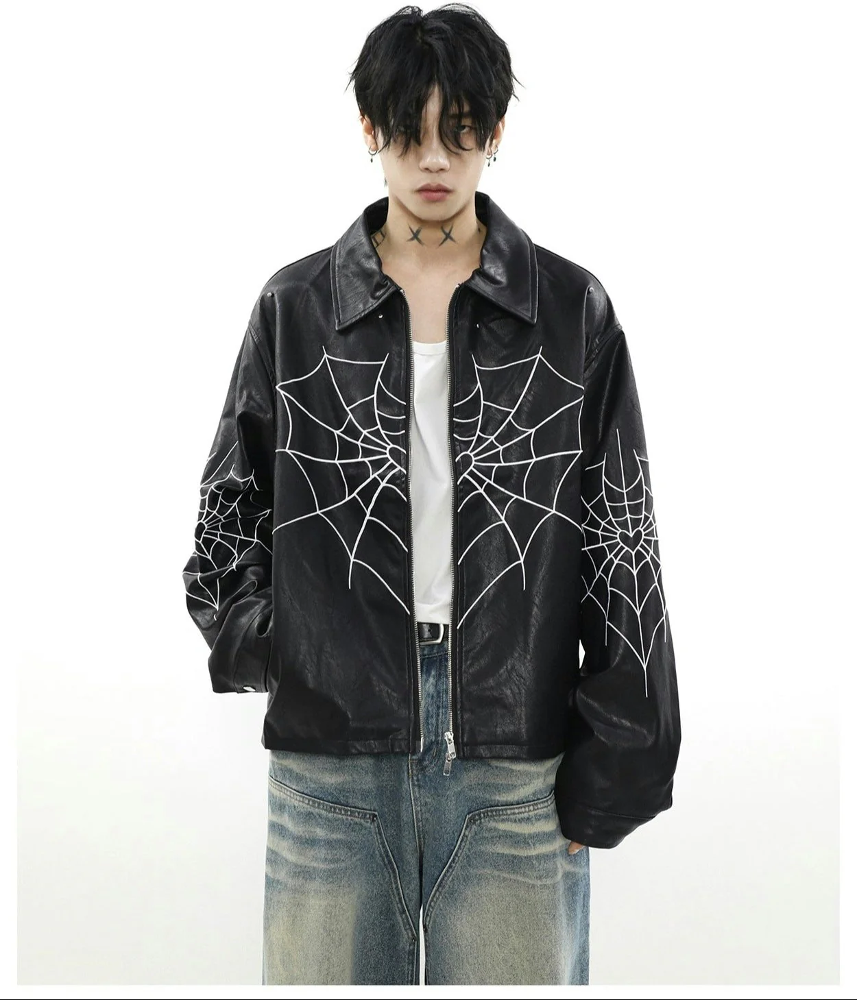 Spiderweb Print Faux Leather Bomber Jacket - Image 2
