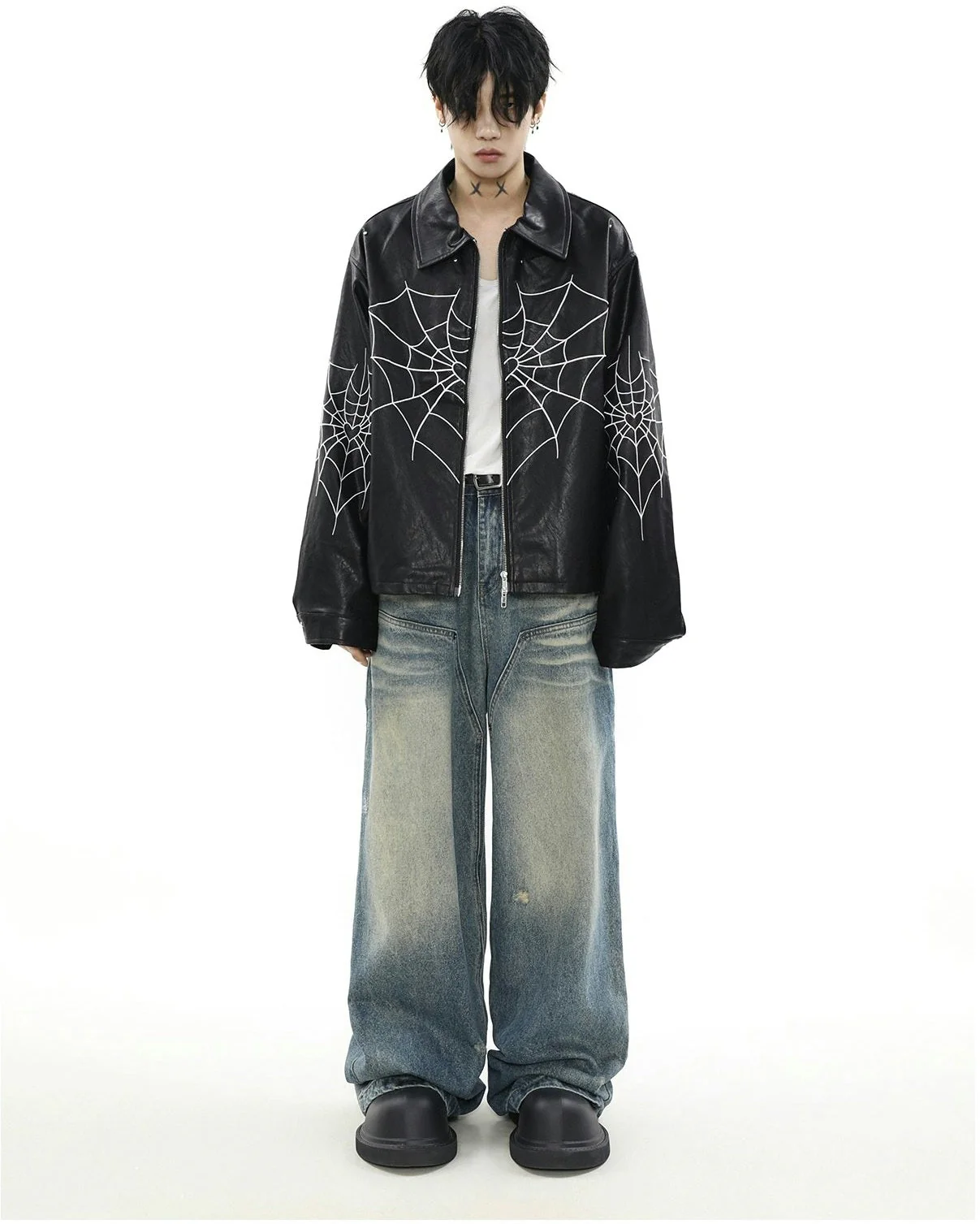 Spiderweb Print Faux Leather Bomber Jacket - Image 9