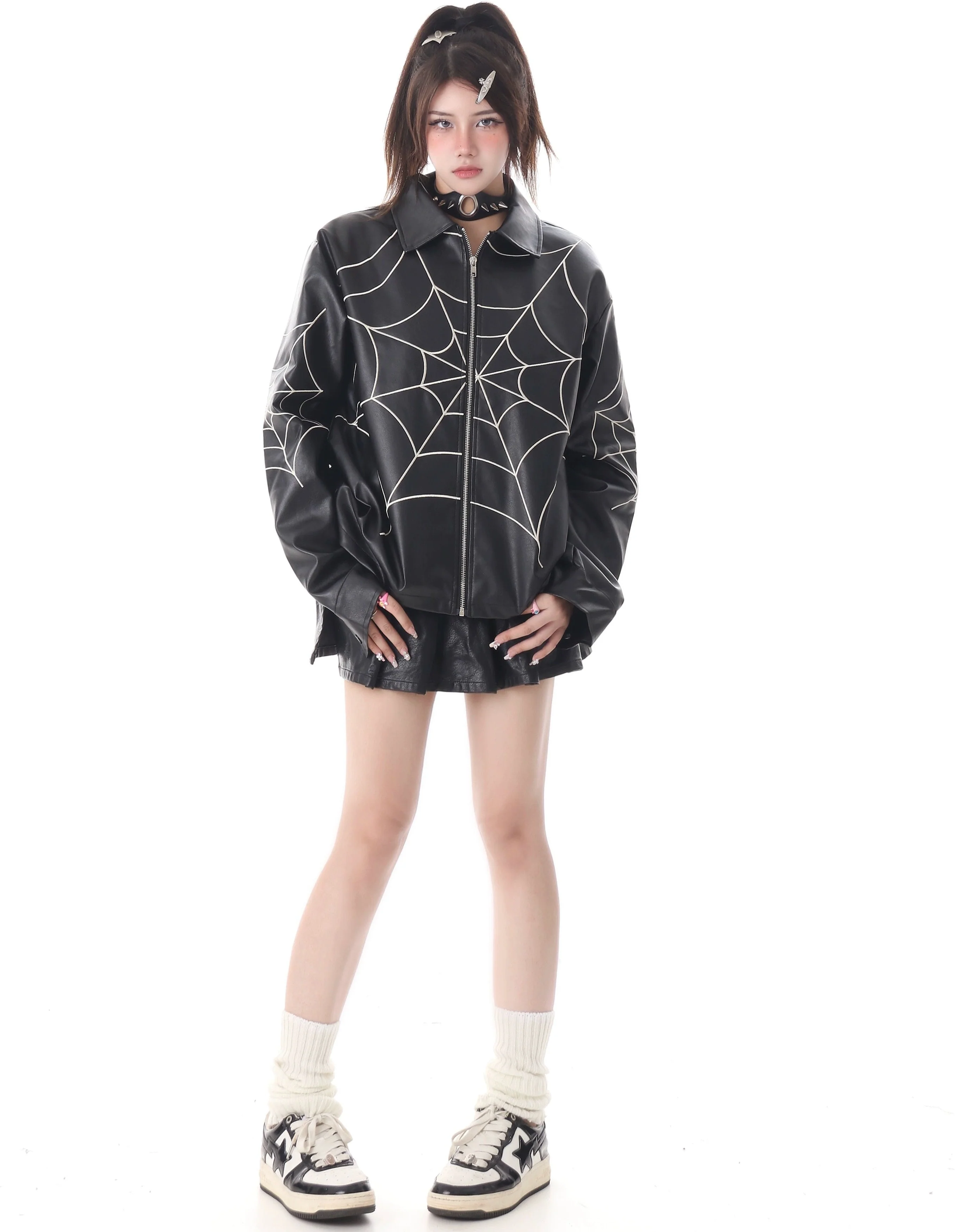 Spiderweb Print Zip-Through Faux Leather Jacket - Image 3
