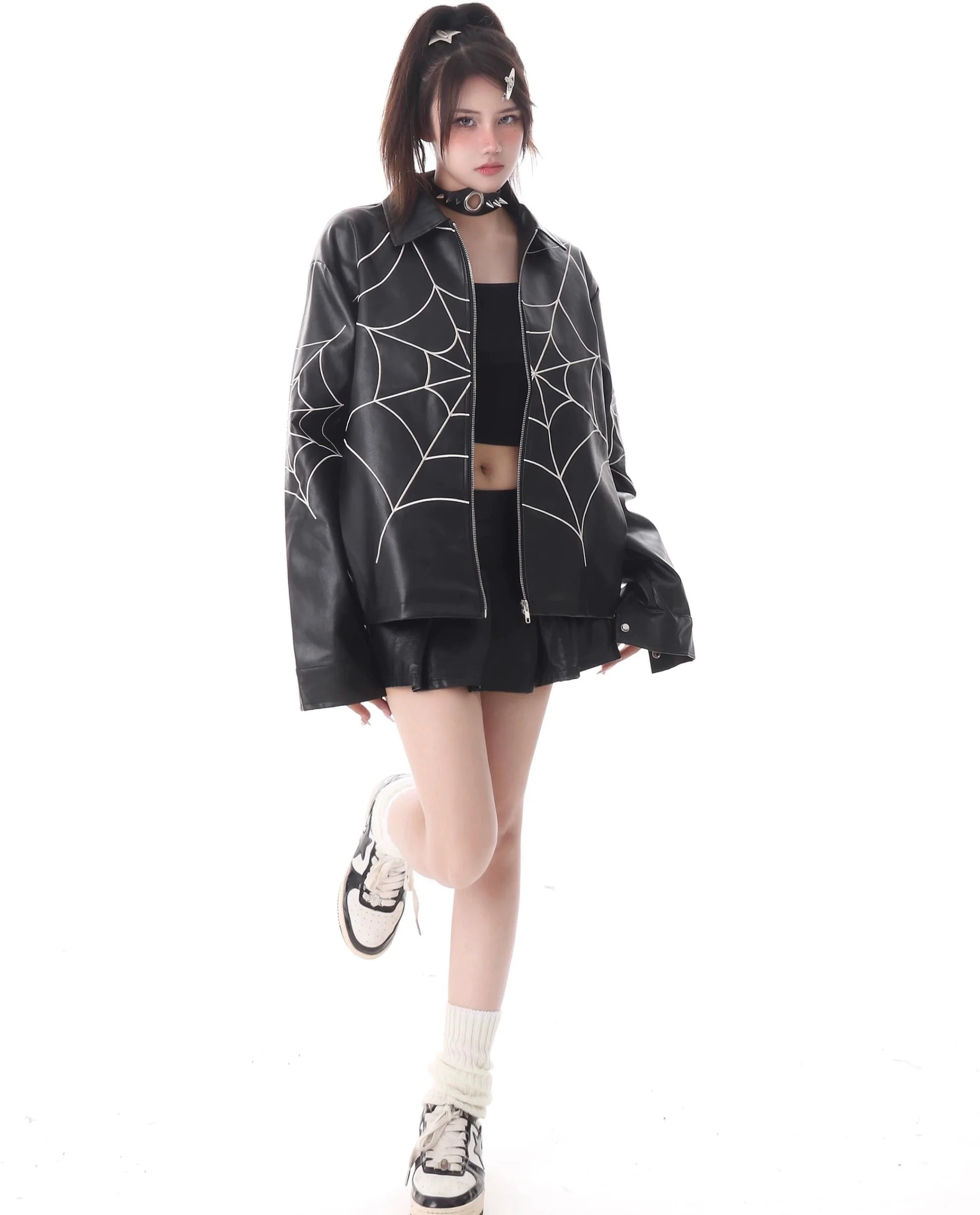 Spiderweb Print Zip-Through Faux Leather Jacket - Image 5
