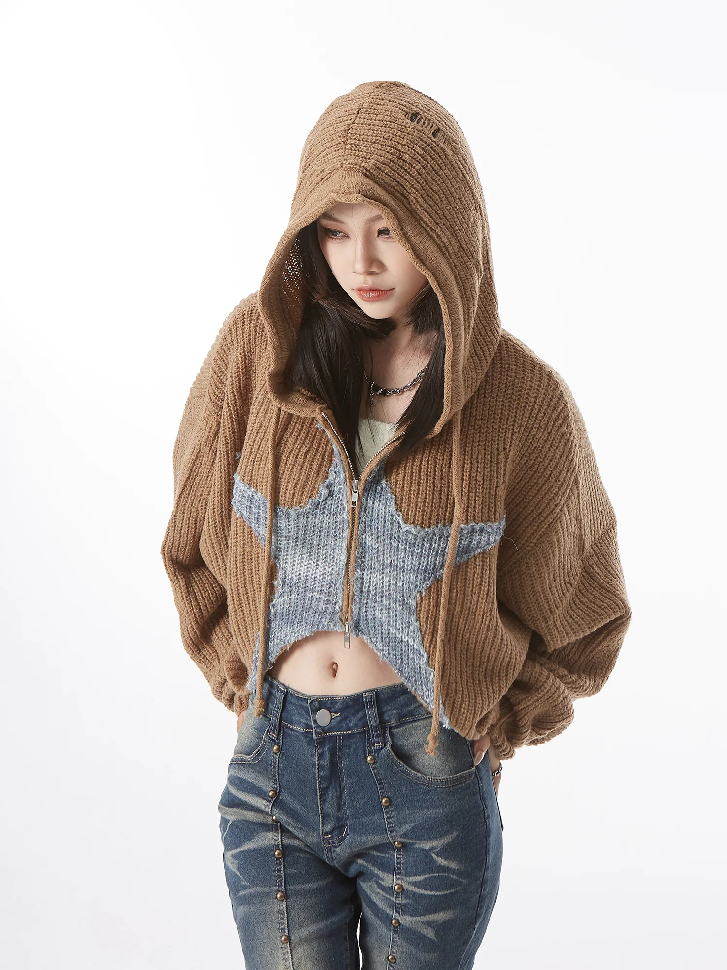 Star Patchwork Cropped Zip Knit Hoodie - Image 7