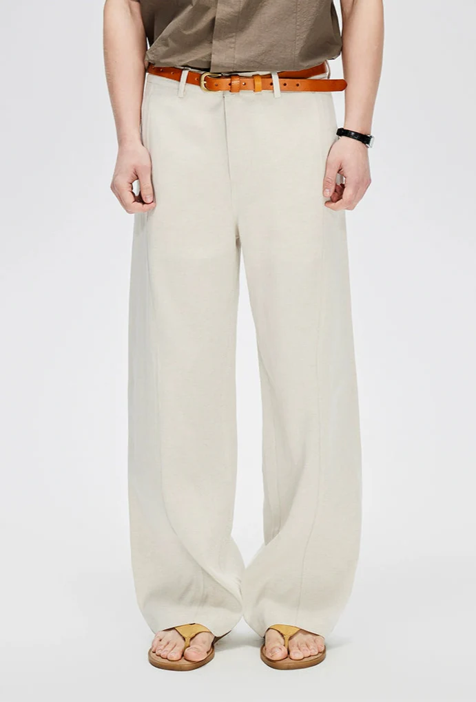 Straight Leg Linen-Blend Contrast Stitch Pants