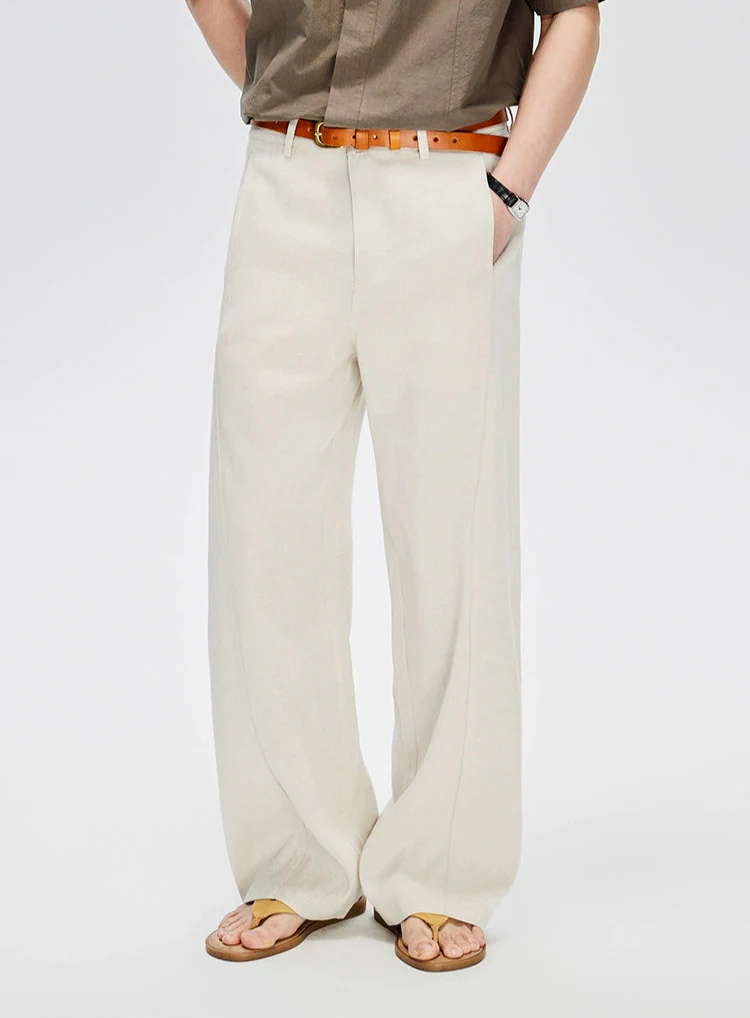 Straight Leg Linen-Blend Contrast Stitch Pants - Image 2