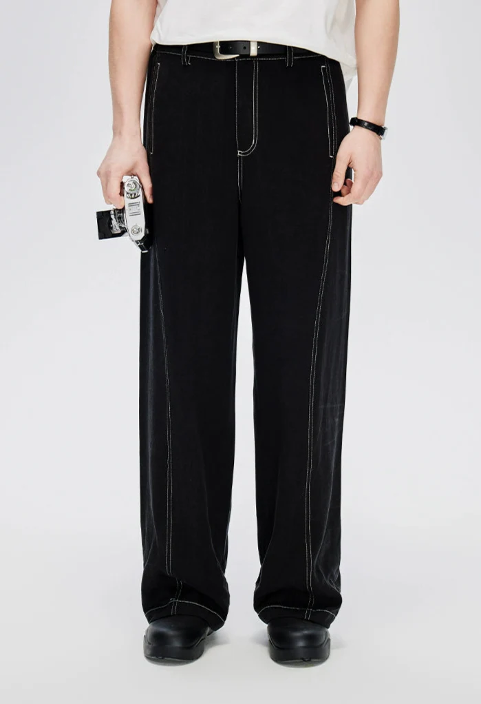 Straight Leg Linen-Blend Contrast Stitch Pants - Image 6