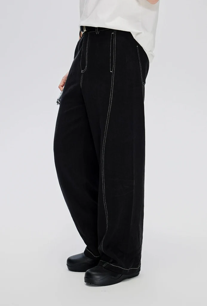 Straight Leg Linen-Blend Contrast Stitch Pants - Image 8