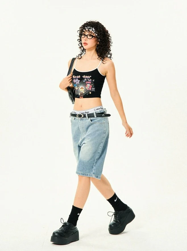 Straight Low-Waisted Faded Denim Bermuda Shorts - Image 11