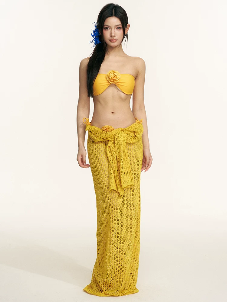 Strapless Bandeau Bikini Set with Floral Detail and Long Sleeve Maxi Beach Cover Up - Image 4