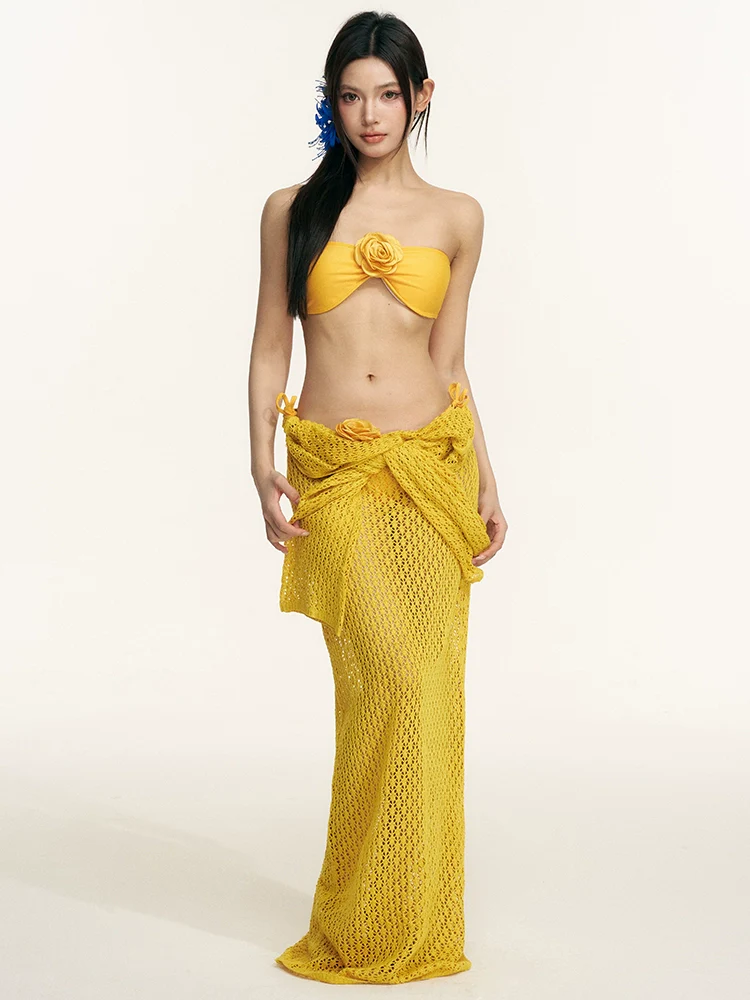 Strapless Bandeau Bikini Set with Floral Detail and Long Sleeve Maxi Beach Cover Up - Image 5