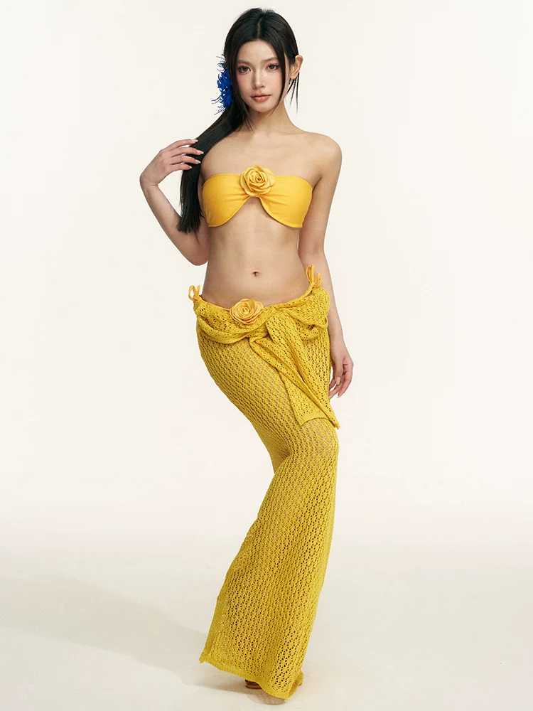 Strapless Bandeau Bikini Set with Floral Detail and Long Sleeve Maxi Beach Cover Up - Image 6