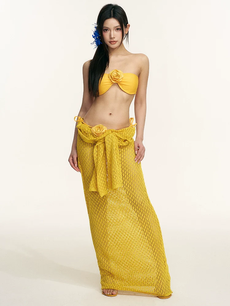 Strapless Bandeau Bikini Set with Floral Detail and Long Sleeve Maxi Beach Cover Up - Image 7